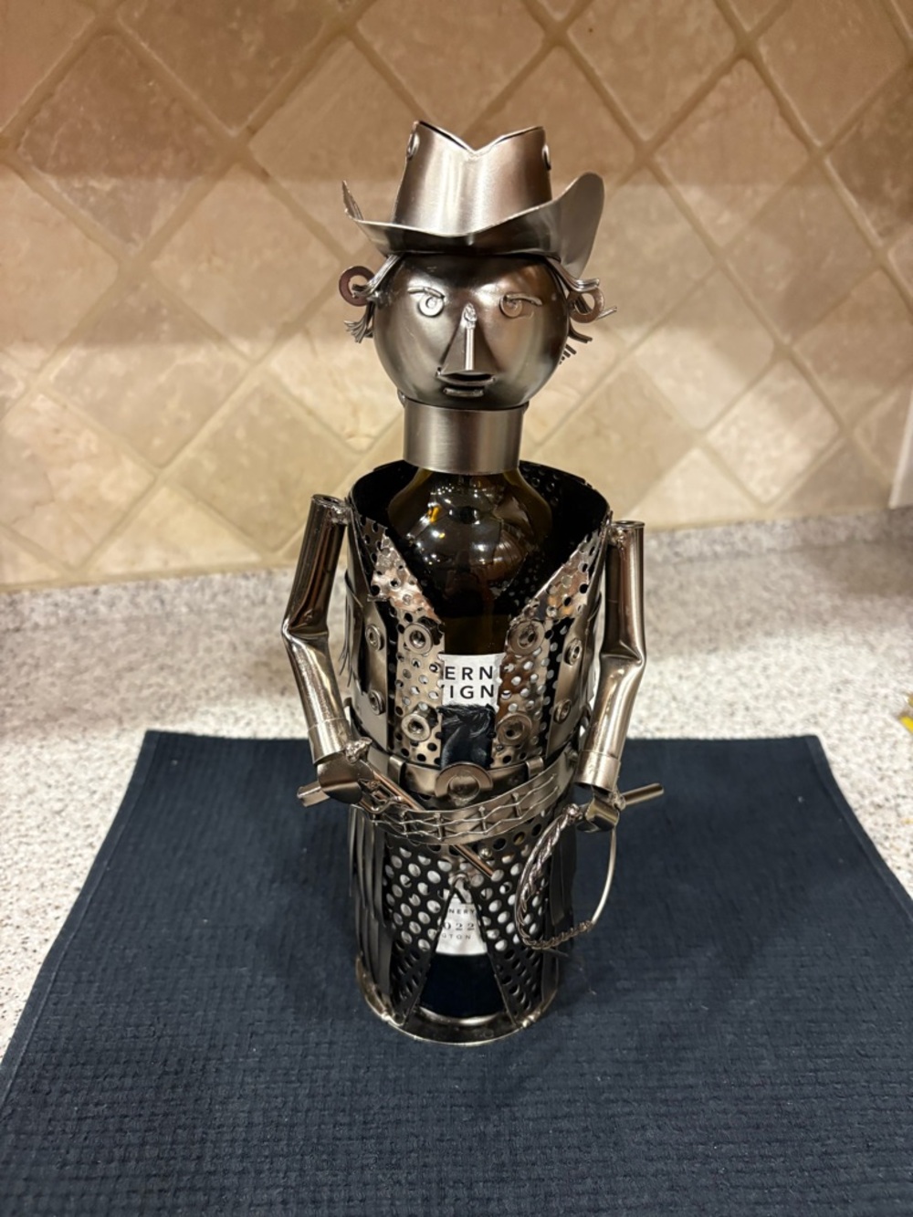 Cowboy Sheriff Metal Wine Bottle Holder Hand Made Rare Detail Is Amazing